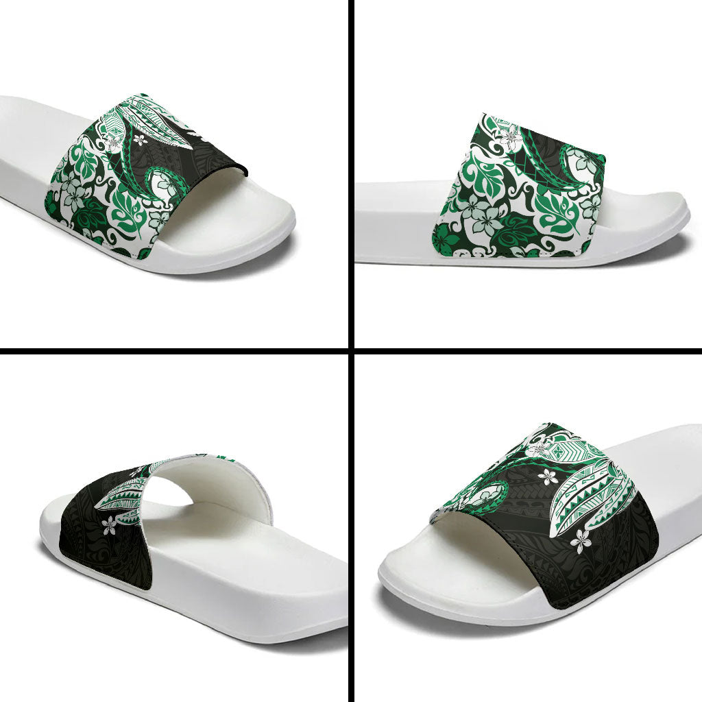 Monstera Plumeria Flowers Green Slide Sandals Polynesian Pattern