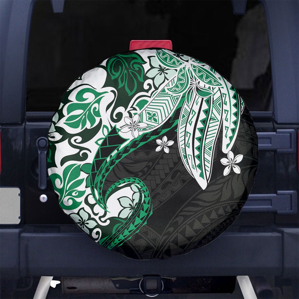 Monstera Plumeria Flowers Green Spare Tire Cover Polynesian Pattern