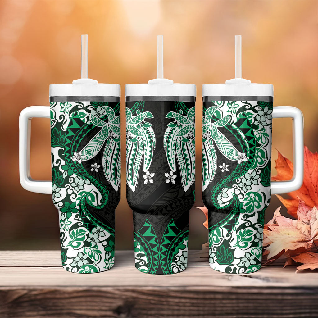 Monstera Plumeria Flowers Green Tumbler With Handle Polynesian Pattern