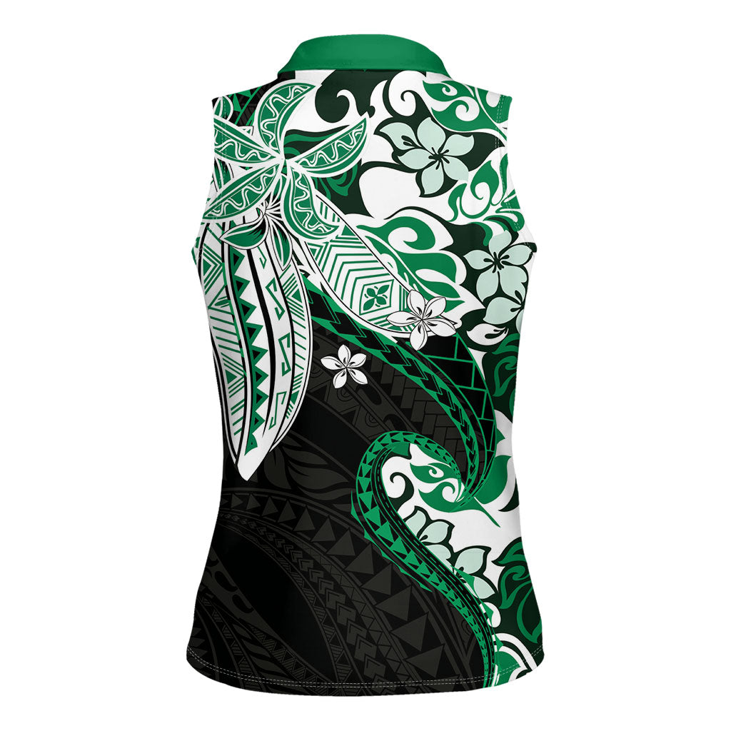 Monstera Plumeria Flowers Green Women Sleeveless Polo Shirt Polynesian Pattern