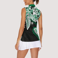 Monstera Plumeria Flowers Green Women Sleeveless Polo Shirt Polynesian Pattern