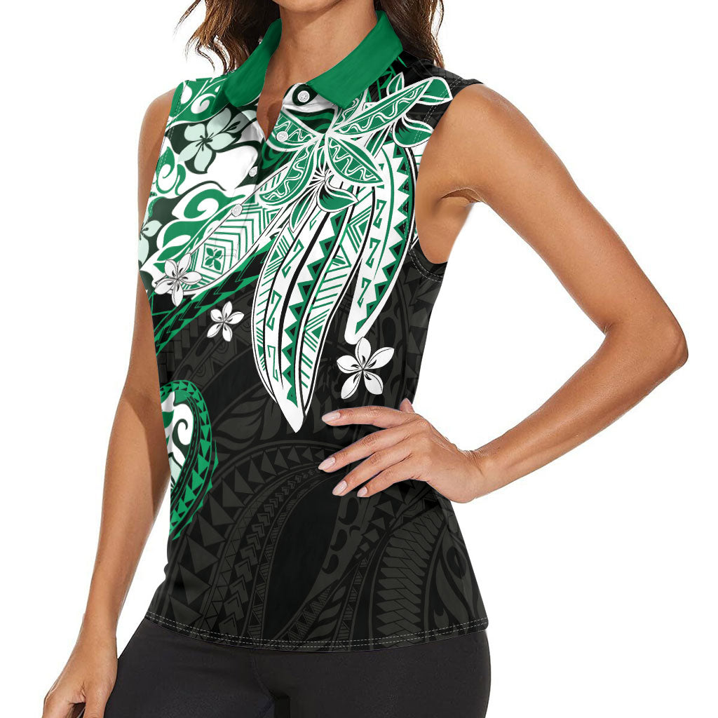 Monstera Plumeria Flowers Green Women Sleeveless Polo Shirt Polynesian Pattern