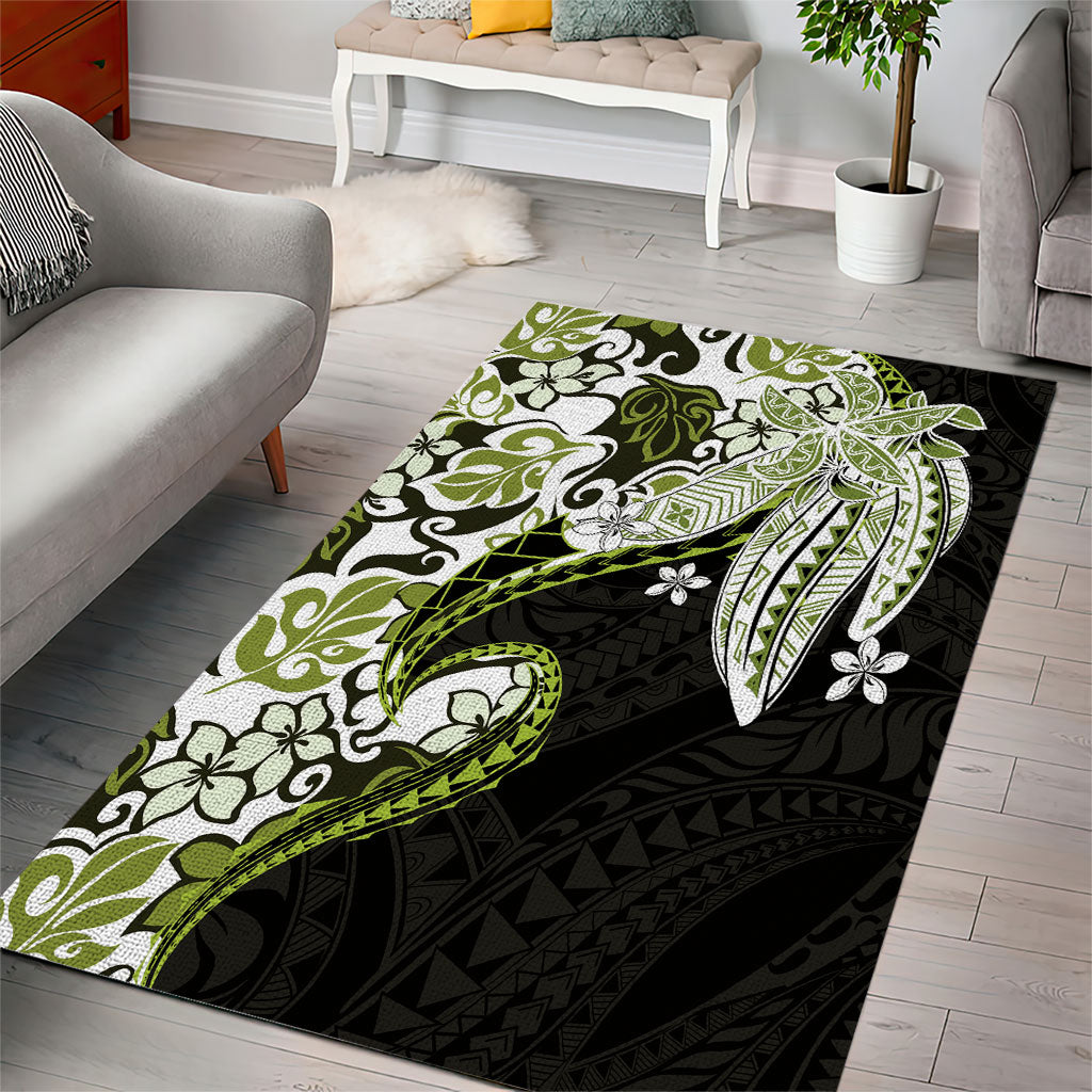 Monstera Plumeria Flowers Olive Green Area Rug Polynesian Pattern