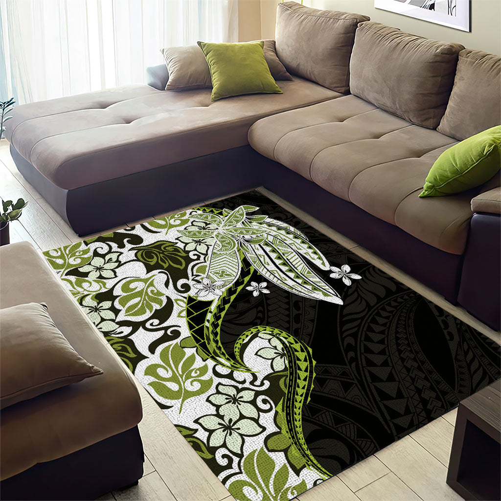 Monstera Plumeria Flowers Olive Green Area Rug Polynesian Pattern