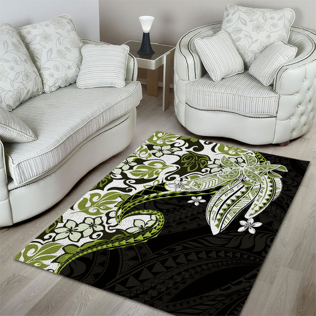 Monstera Plumeria Flowers Olive Green Area Rug Polynesian Pattern