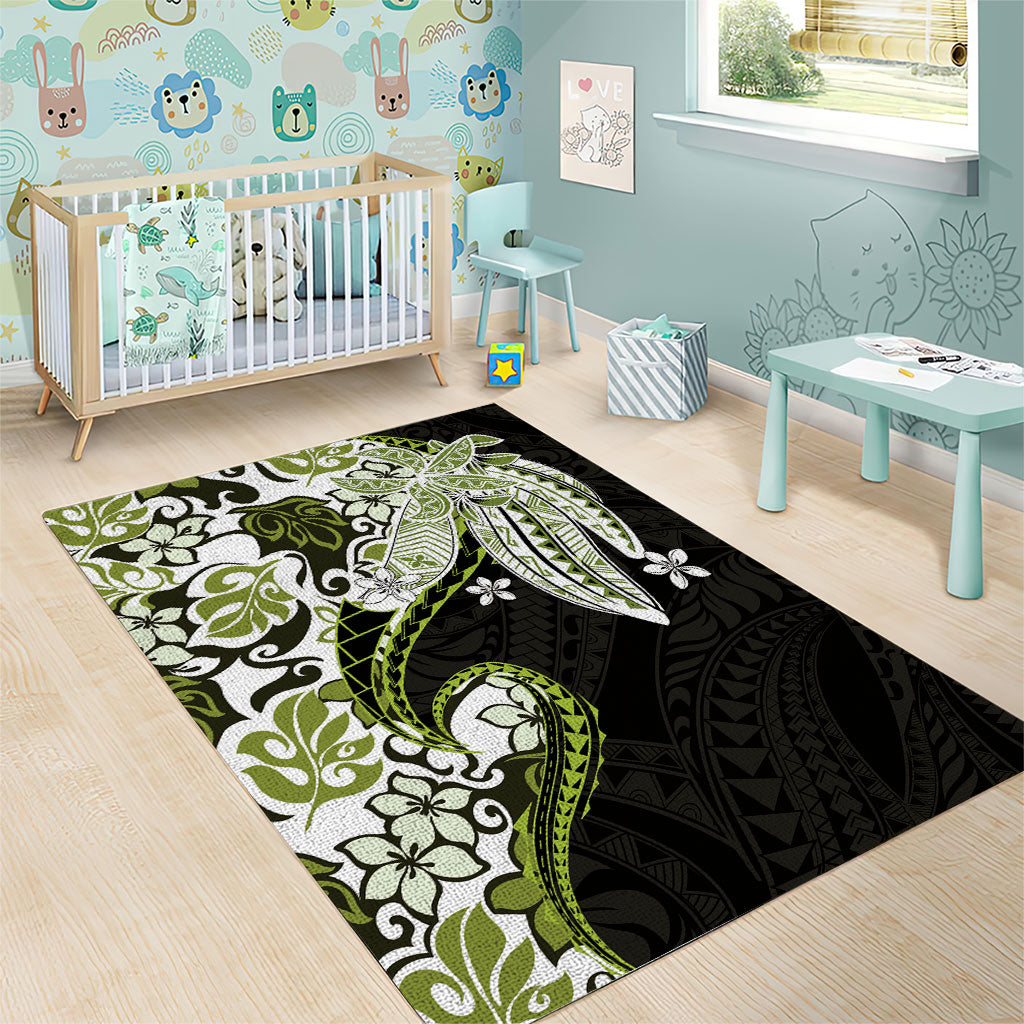Monstera Plumeria Flowers Olive Green Area Rug Polynesian Pattern