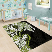 Monstera Plumeria Flowers Olive Green Area Rug Polynesian Pattern