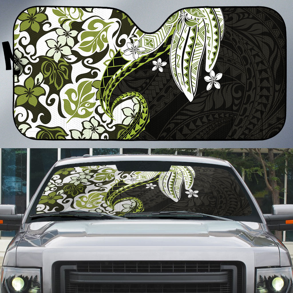 Monstera Plumeria Flowers Olive Green Auto Sun Shade Polynesian Pattern LT01 Green - Polynesian Pride