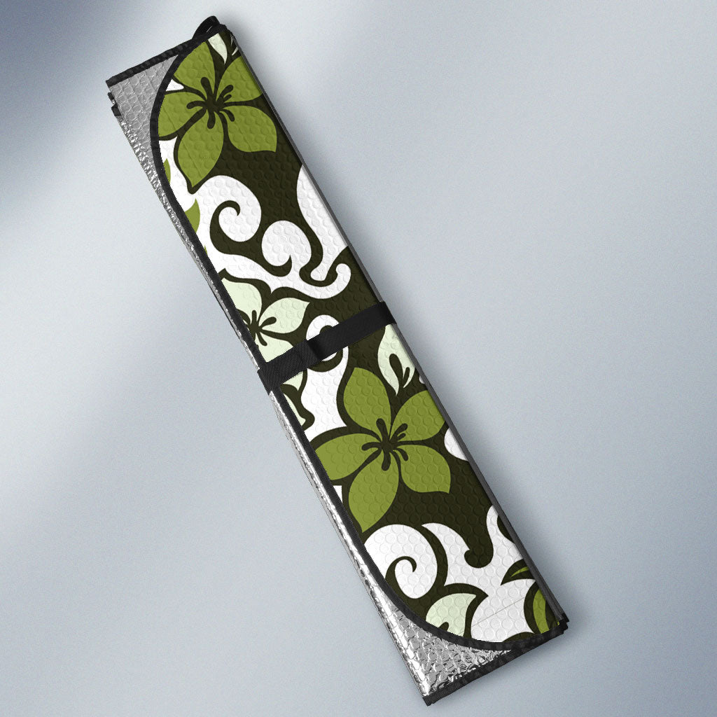 Monstera Plumeria Flowers Olive Green Auto Sun Shade Polynesian Pattern