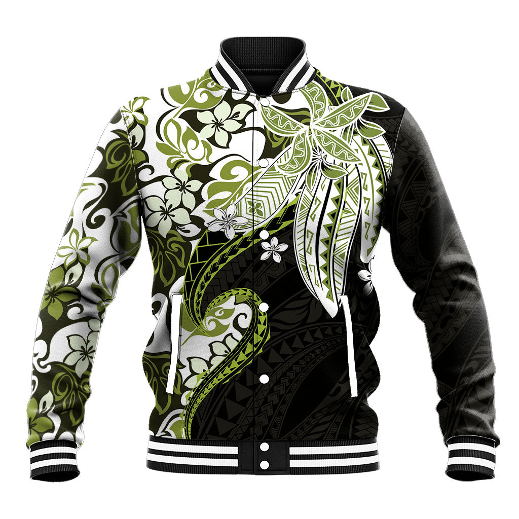 Monstera Plumeria Flowers Olive Green Baseball Jacket Polynesian Pattern