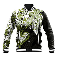 Monstera Plumeria Flowers Olive Green Baseball Jacket Polynesian Pattern
