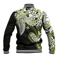 Monstera Plumeria Flowers Olive Green Baseball Jacket Polynesian Pattern