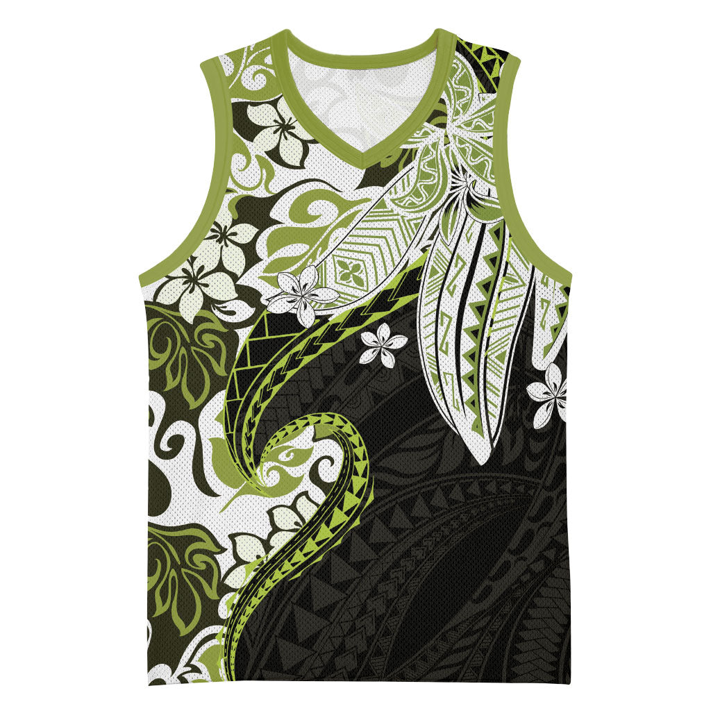 Monstera Plumeria Flowers Olive Green Basketball Jersey Polynesian Pattern LT01 Unisex Green - Polynesian Pride