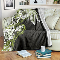 Monstera Plumeria Flowers Olive Green Blanket Polynesian Pattern