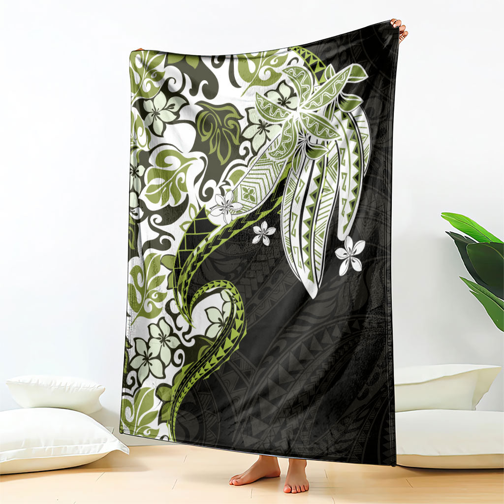 Monstera Plumeria Flowers Olive Green Blanket Polynesian Pattern