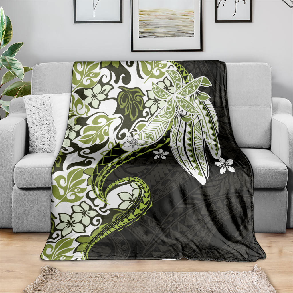 Monstera Plumeria Flowers Olive Green Blanket Polynesian Pattern