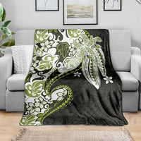 Monstera Plumeria Flowers Olive Green Blanket Polynesian Pattern
