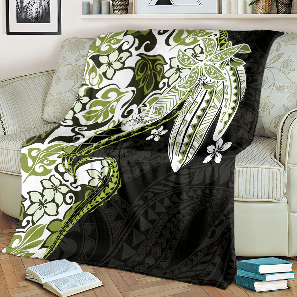 Monstera Plumeria Flowers Olive Green Blanket Polynesian Pattern