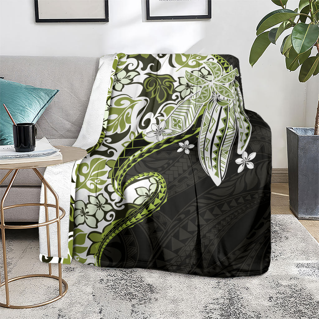 Monstera Plumeria Flowers Olive Green Blanket Polynesian Pattern
