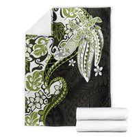 Monstera Plumeria Flowers Olive Green Blanket Polynesian Pattern