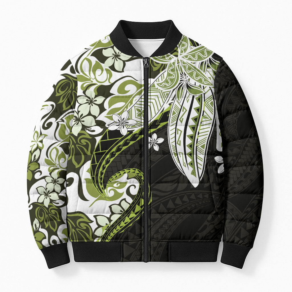 Monstera Plumeria Flowers Olive Green Bomber Puffer Jacket Polynesian Pattern