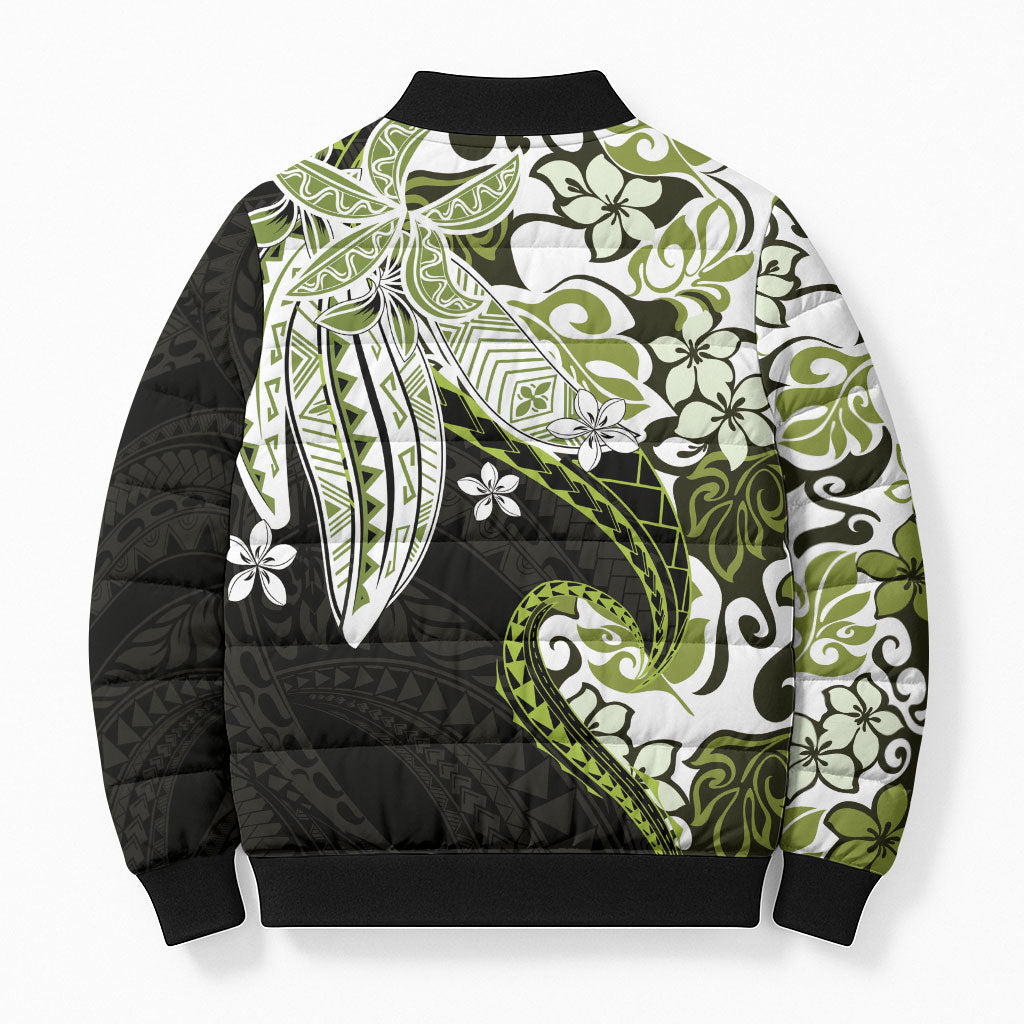 Monstera Plumeria Flowers Olive Green Bomber Puffer Jacket Polynesian Pattern