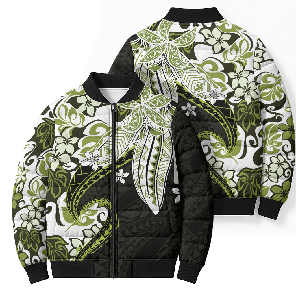 Monstera Plumeria Flowers Olive Green Bomber Puffer Jacket Polynesian Pattern