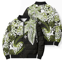 Monstera Plumeria Flowers Olive Green Bomber Puffer Jacket Polynesian Pattern