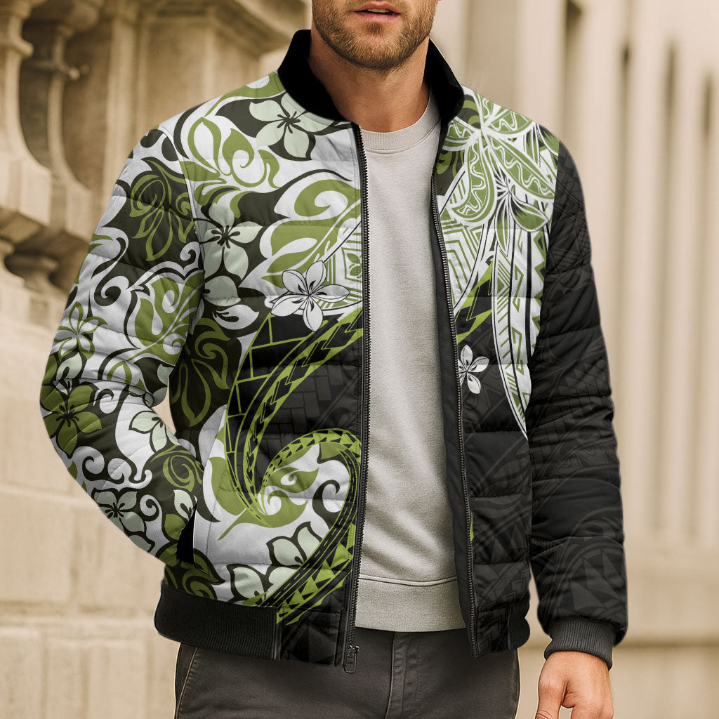Monstera Plumeria Flowers Olive Green Bomber Puffer Jacket Polynesian Pattern