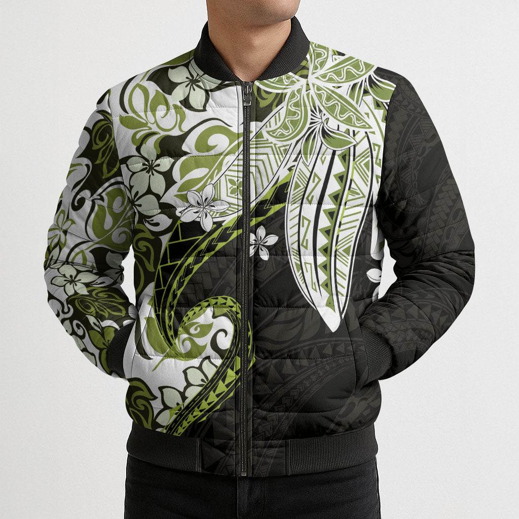 Monstera Plumeria Flowers Olive Green Bomber Puffer Jacket Polynesian Pattern