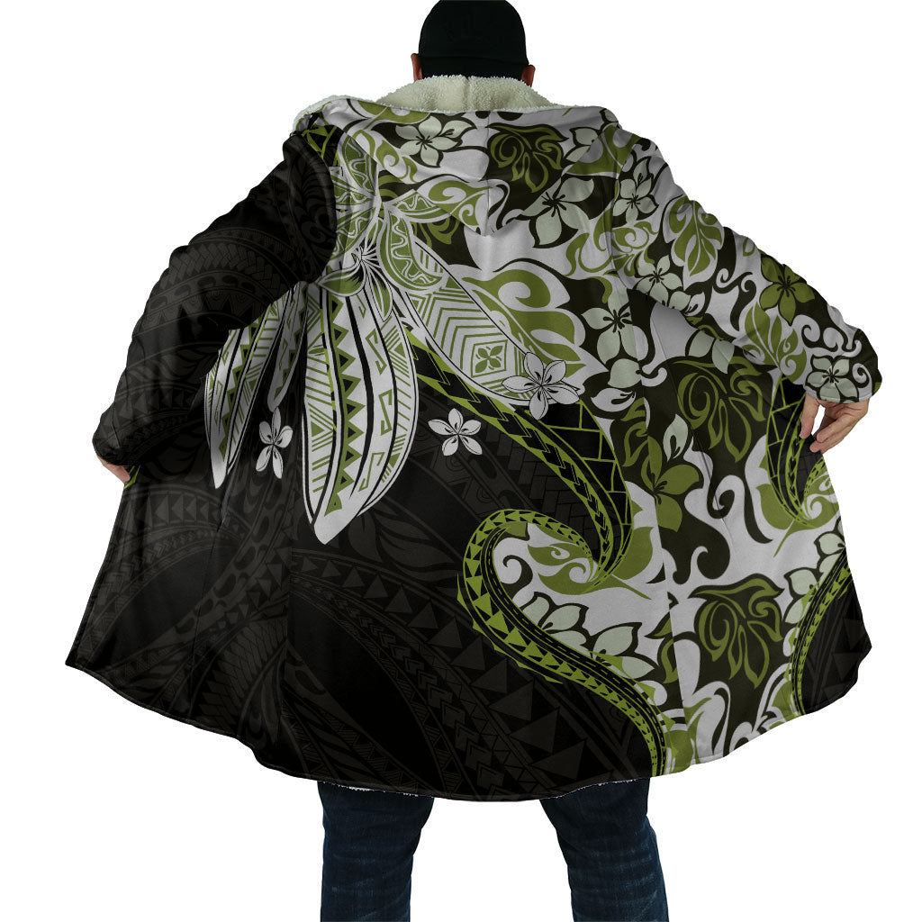 Monstera Plumeria Flowers Olive Green Cloak Polynesian Pattern