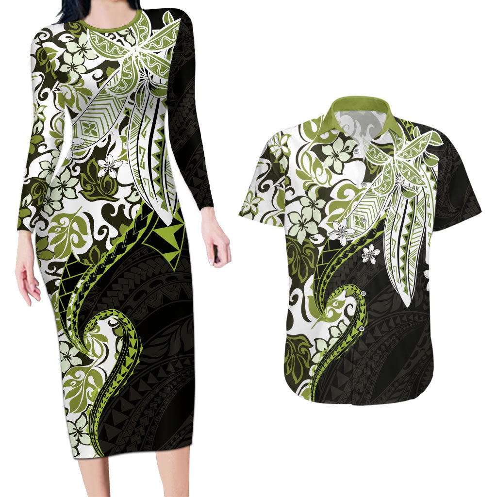 Monstera Plumeria Flowers Olive Green Couples Matching Long Sleeve Bodycon Dress and Hawaiian Shirt Polynesian Pattern LT01 Green - Polynesian Pride