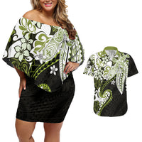 Monstera Plumeria Flowers Olive Green Couples Matching Off Shoulder Short Dress and Hawaiian Shirt Polynesian Pattern LT01 Green - Polynesian Pride