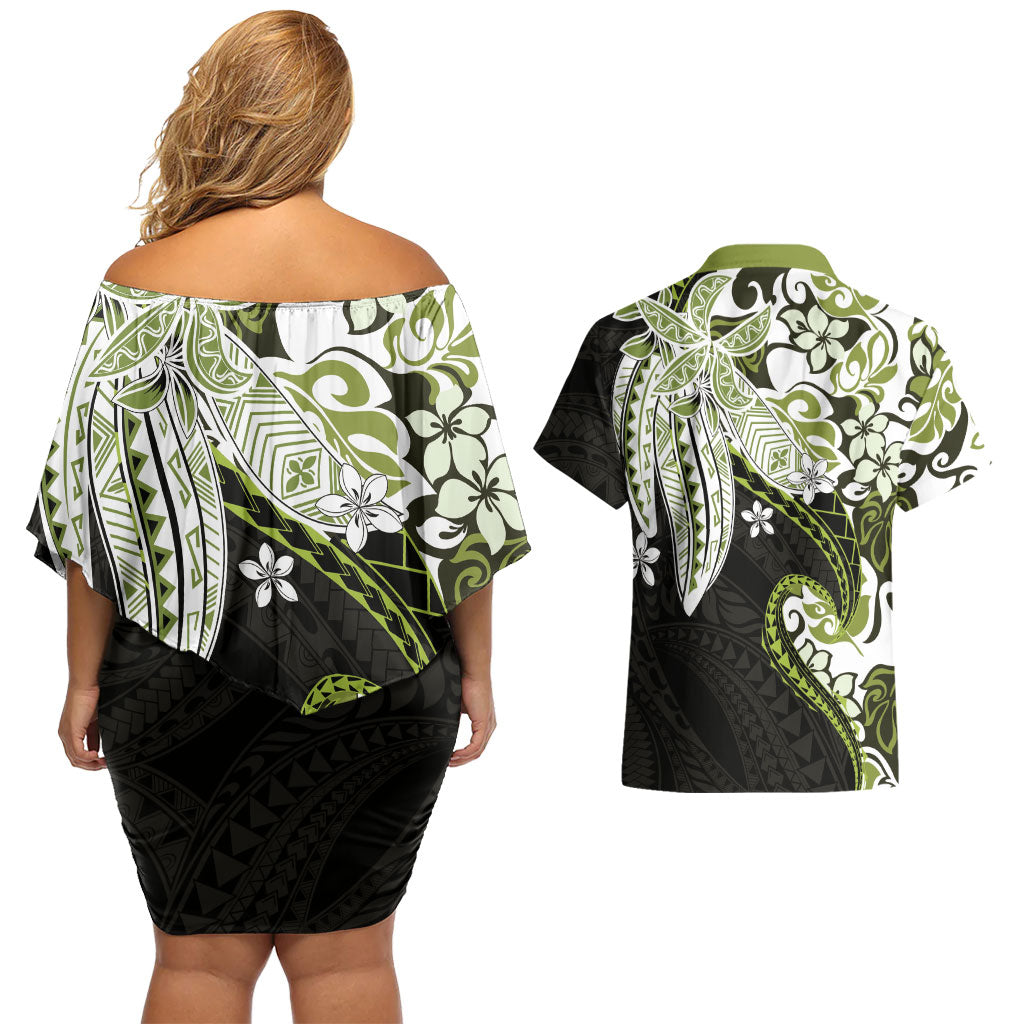 Monstera Plumeria Flowers Olive Green Couples Matching Off Shoulder Short Dress and Hawaiian Shirt Polynesian Pattern LT01 - Polynesian Pride