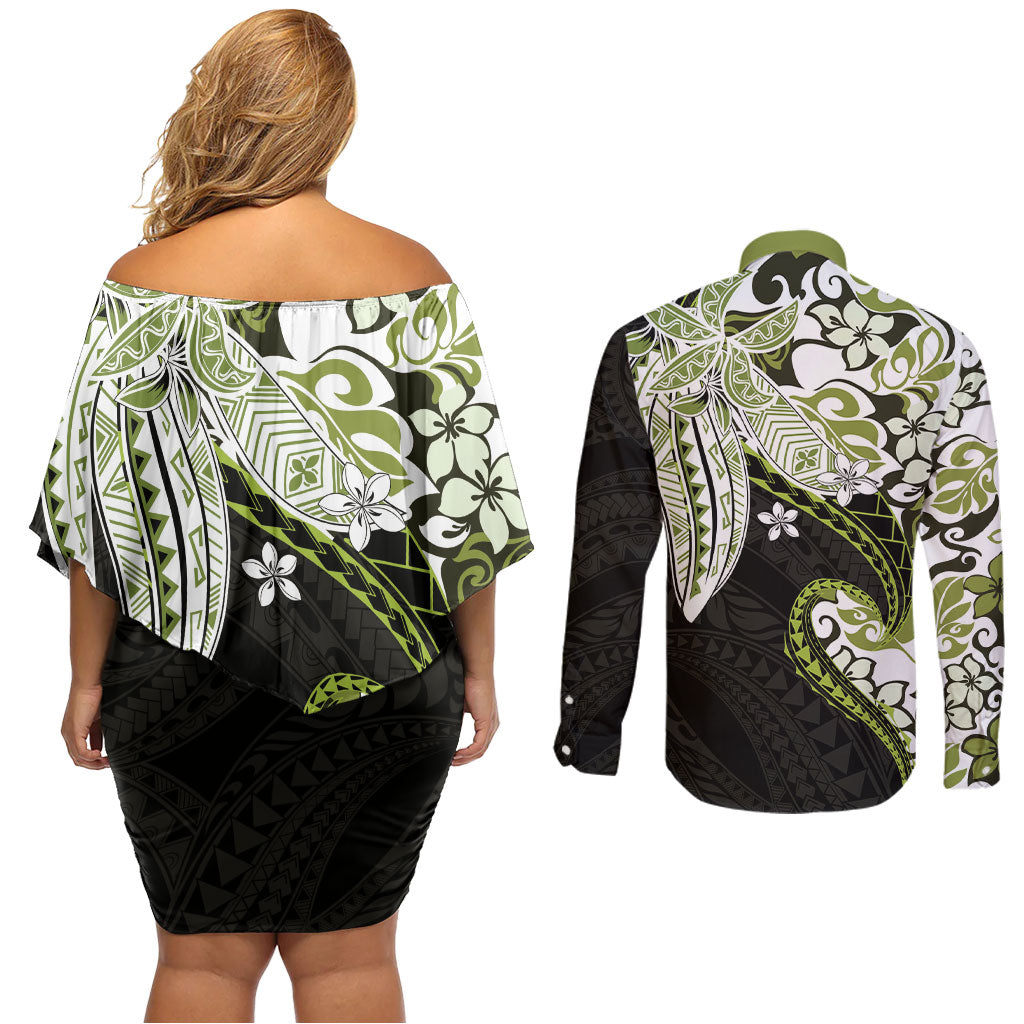 Monstera Plumeria Flowers Olive Green Couples Matching Off Shoulder Short Dress and Long Sleeve Button Shirt Polynesian Pattern