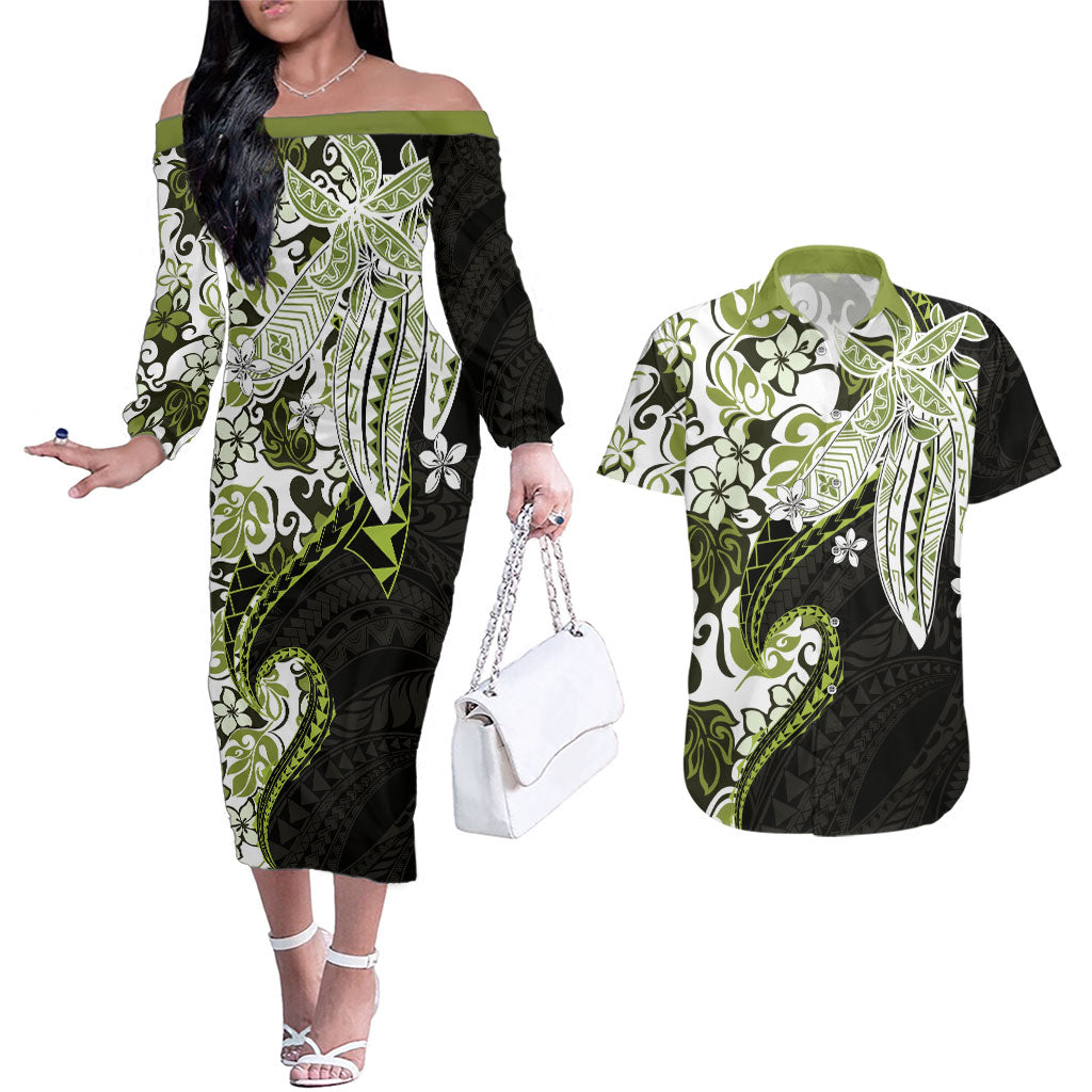 Monstera Plumeria Flowers Olive Green Couples Matching Off The Shoulder Long Sleeve Dress and Hawaiian Shirt Polynesian Pattern LT01 Green - Polynesian Pride