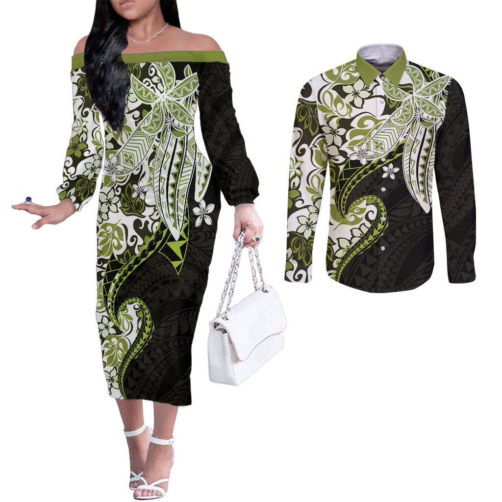 Monstera Plumeria Flowers Olive Green Couples Matching Off The Shoulder Long Sleeve Dress and Long Sleeve Button Shirt Polynesian Pattern LT01 Green - Polynesian Pride