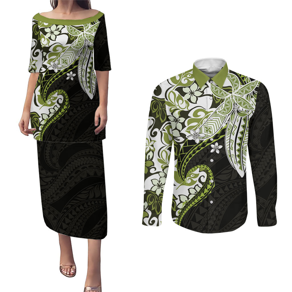 Monstera Plumeria Flowers Olive Green Couples Matching Puletasi and Long Sleeve Button Shirt Polynesian Pattern LT01 Green - Polynesian Pride