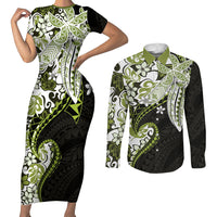 Monstera Plumeria Flowers Olive Green Couples Matching Short Sleeve Bodycon Dress and Long Sleeve Button Shirt Polynesian Pattern LT01 Green - Polynesian Pride