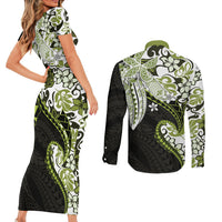 Monstera Plumeria Flowers Olive Green Couples Matching Short Sleeve Bodycon Dress and Long Sleeve Button Shirt Polynesian Pattern LT01 - Polynesian Pride