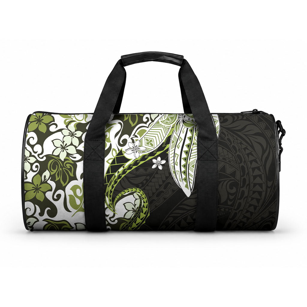 Monstera Plumeria Flowers Olive Green Duffle Bag Polynesian Pattern