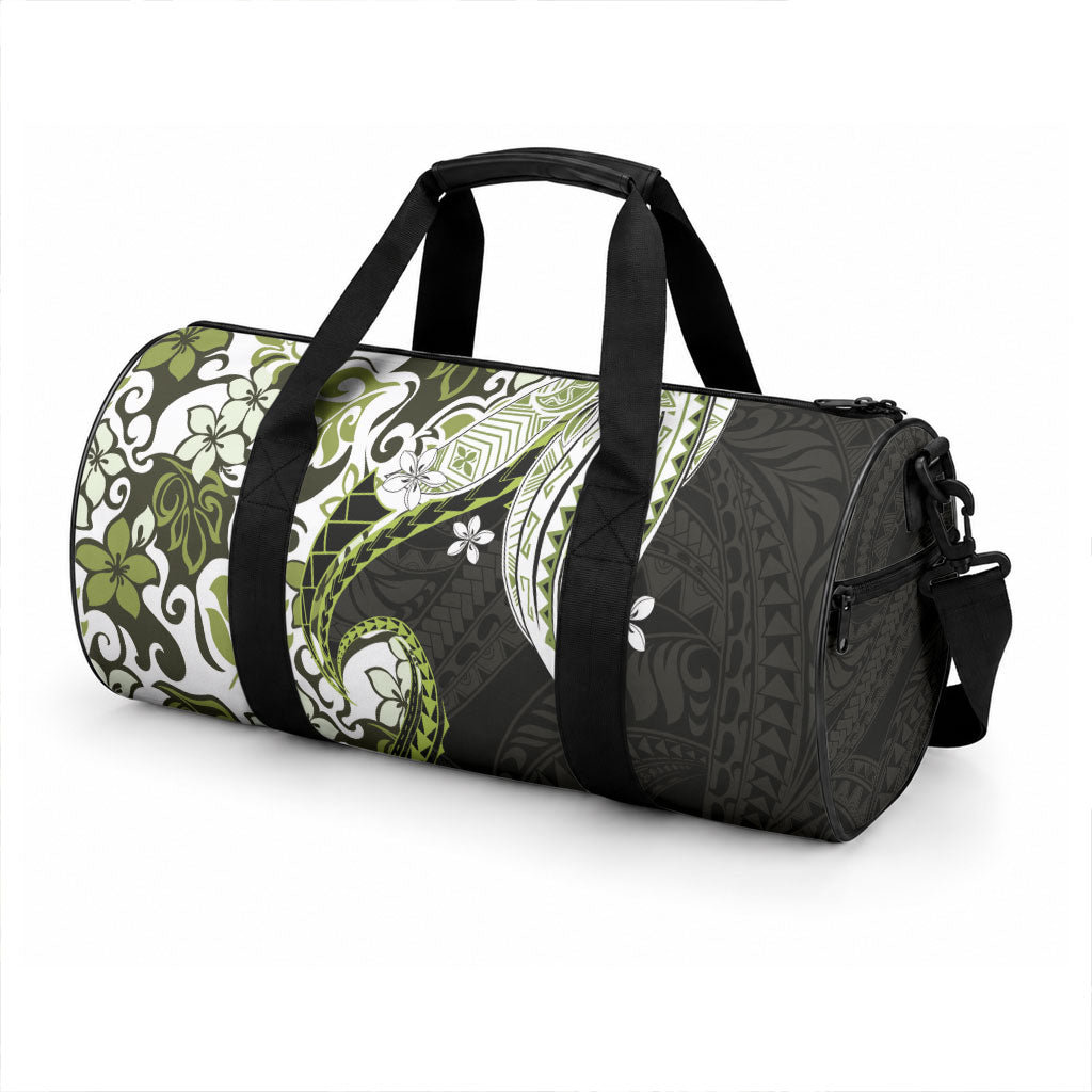 Monstera Plumeria Flowers Olive Green Duffle Bag Polynesian Pattern