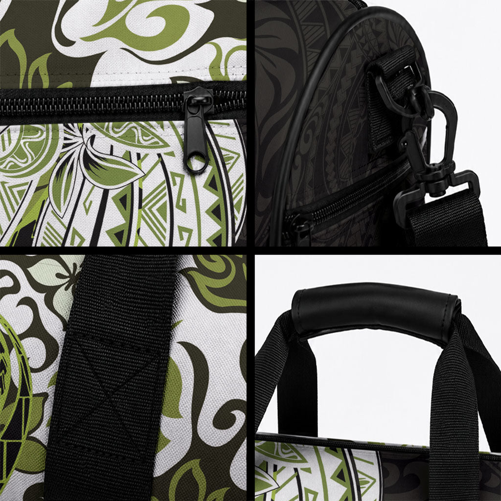 Monstera Plumeria Flowers Olive Green Duffle Bag Polynesian Pattern