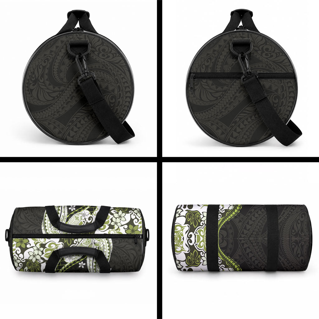 Monstera Plumeria Flowers Olive Green Duffle Bag Polynesian Pattern