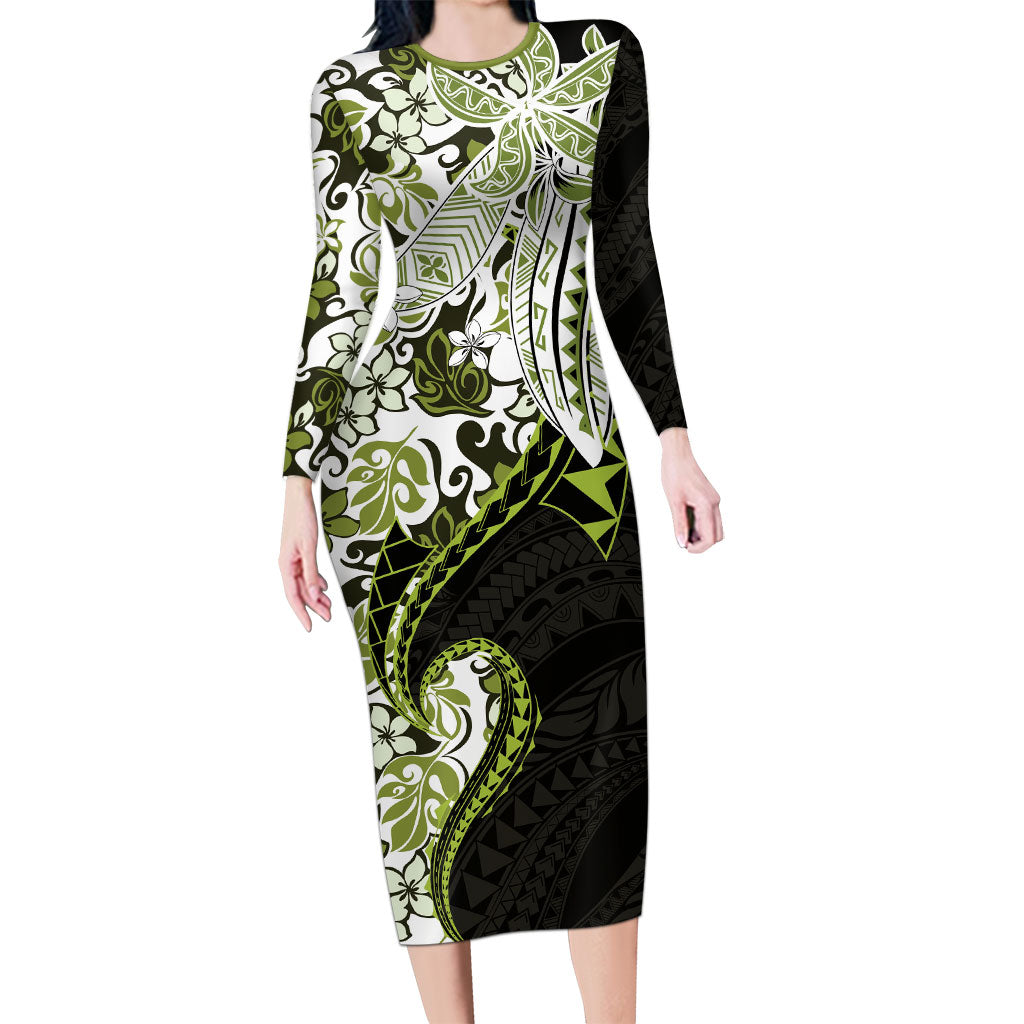 Monstera Plumeria Flowers Olive Green Family Matching Long Sleeve Bodycon Dress and Hawaiian Shirt Polynesian Pattern