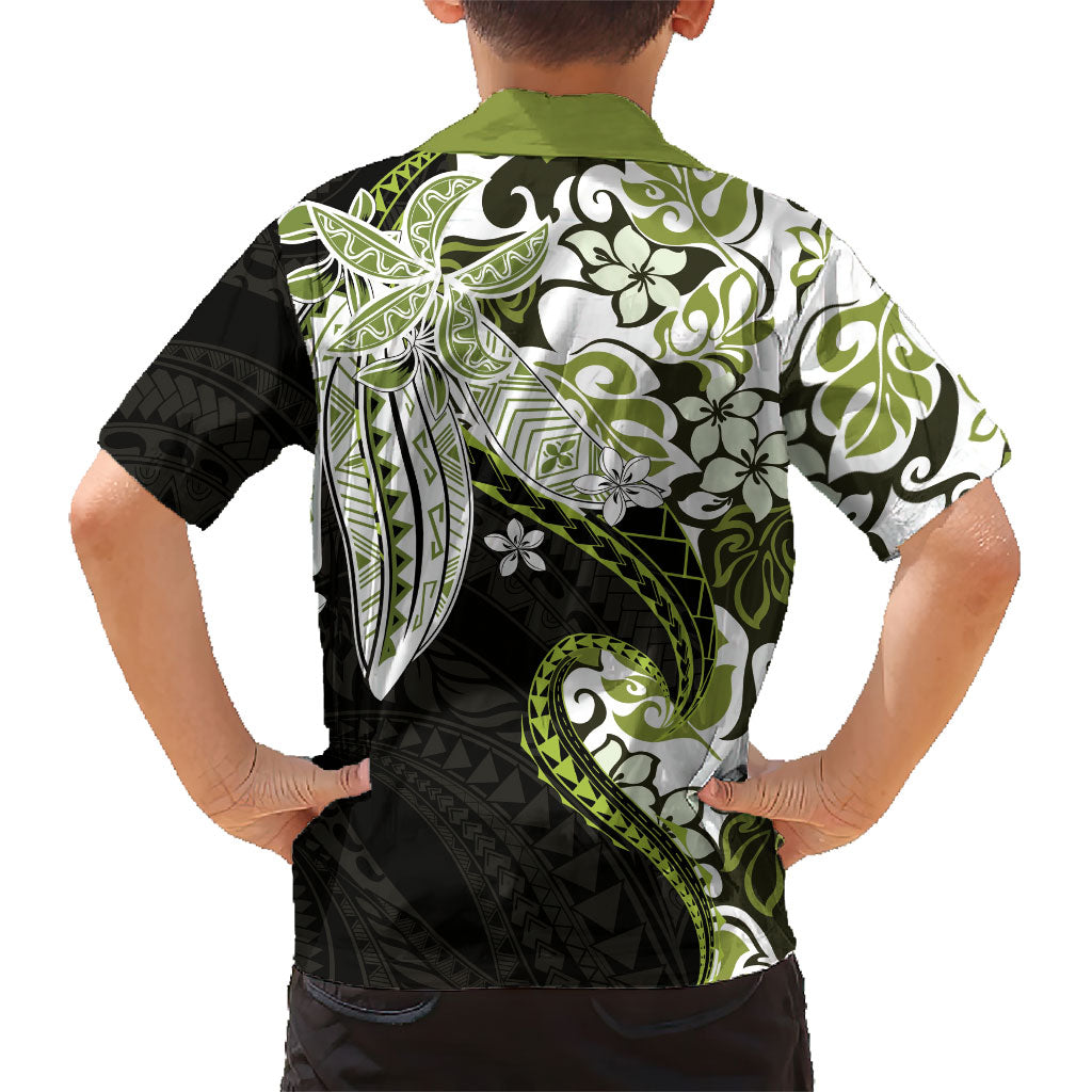 Monstera Plumeria Flowers Olive Green Family Matching Mermaid Dress and Hawaiian Shirt Polynesian Pattern