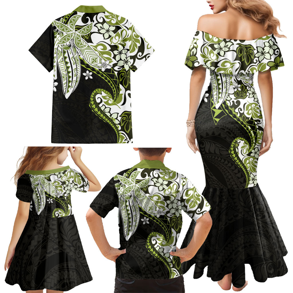Monstera Plumeria Flowers Olive Green Family Matching Mermaid Dress and Hawaiian Shirt Polynesian Pattern