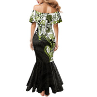 Monstera Plumeria Flowers Olive Green Family Matching Mermaid Dress and Hawaiian Shirt Polynesian Pattern