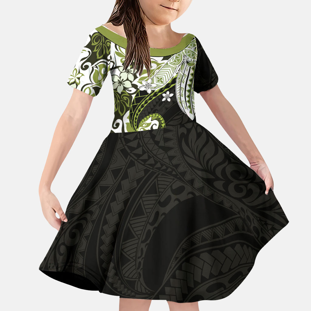 Monstera Plumeria Flowers Olive Green Family Matching Off The Shoulder Long Sleeve Dress and Hawaiian Shirt Polynesian Pattern