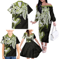 Monstera Plumeria Flowers Olive Green Family Matching Off The Shoulder Long Sleeve Dress and Hawaiian Shirt Polynesian Pattern